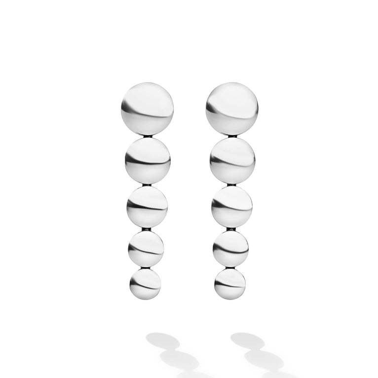 Caviar Bubbly Sterling Silver Disc Drop Earrings with polished silver discs and 14K gold posts, reflecting light elegantly on a white background.