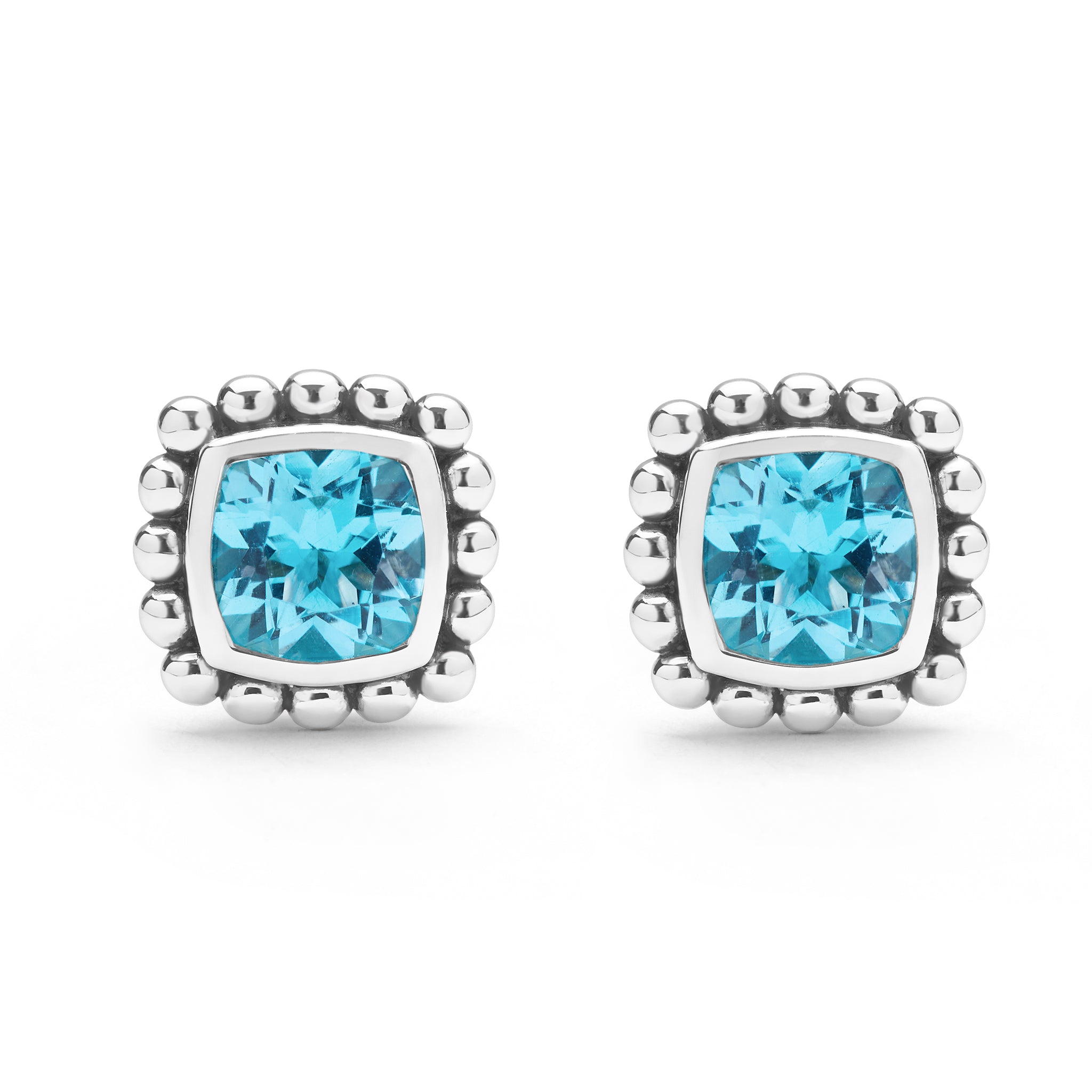 Front view of the Sterling Silver Cushion-Cut Swiss Blue Topaz Stud Earrings