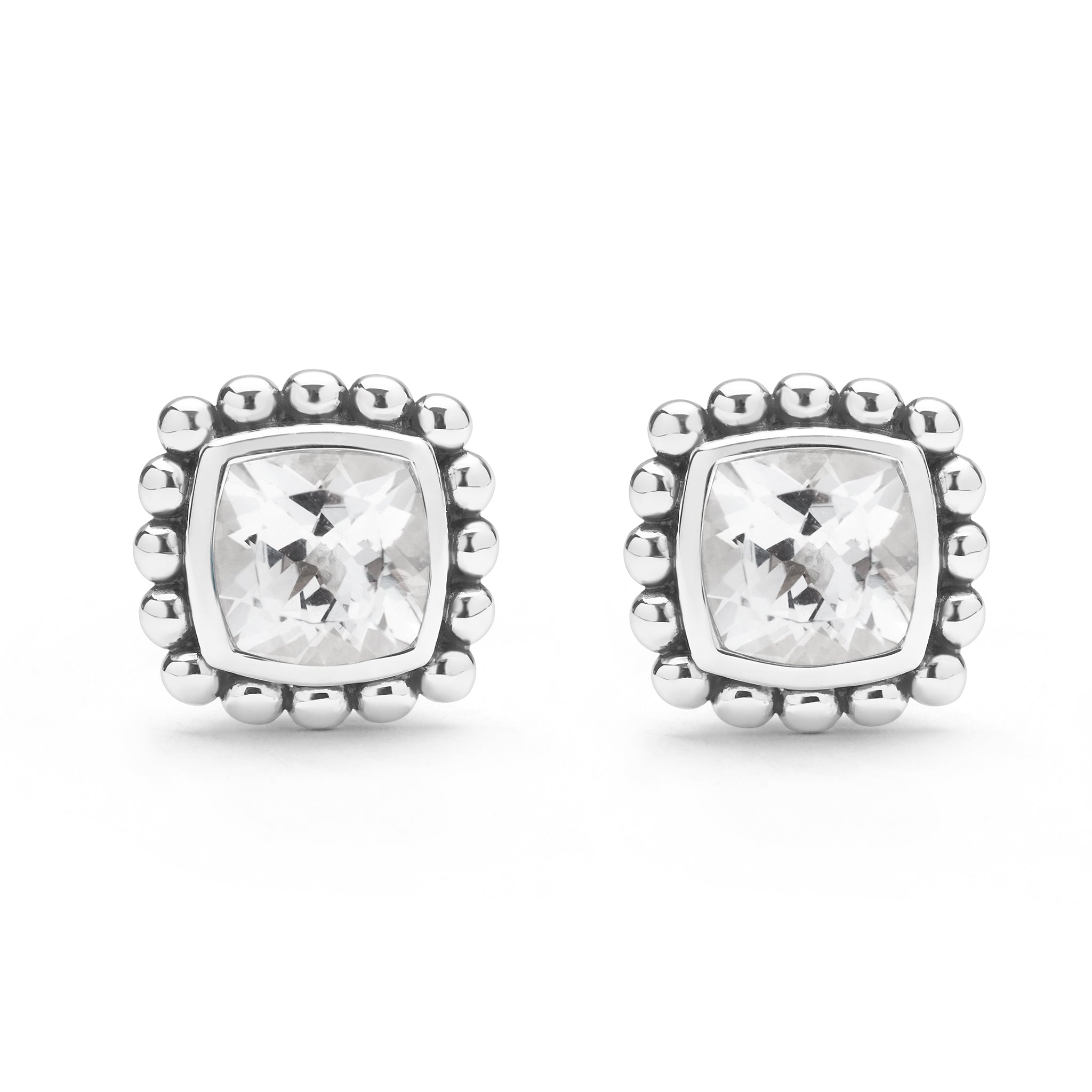 Front view of the Sterling Silver Cushion-Cut White Topaz Stud Earrings