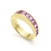 Square cut amethyst gemstones surrounded by smooth 18K gold form this stacking ring.