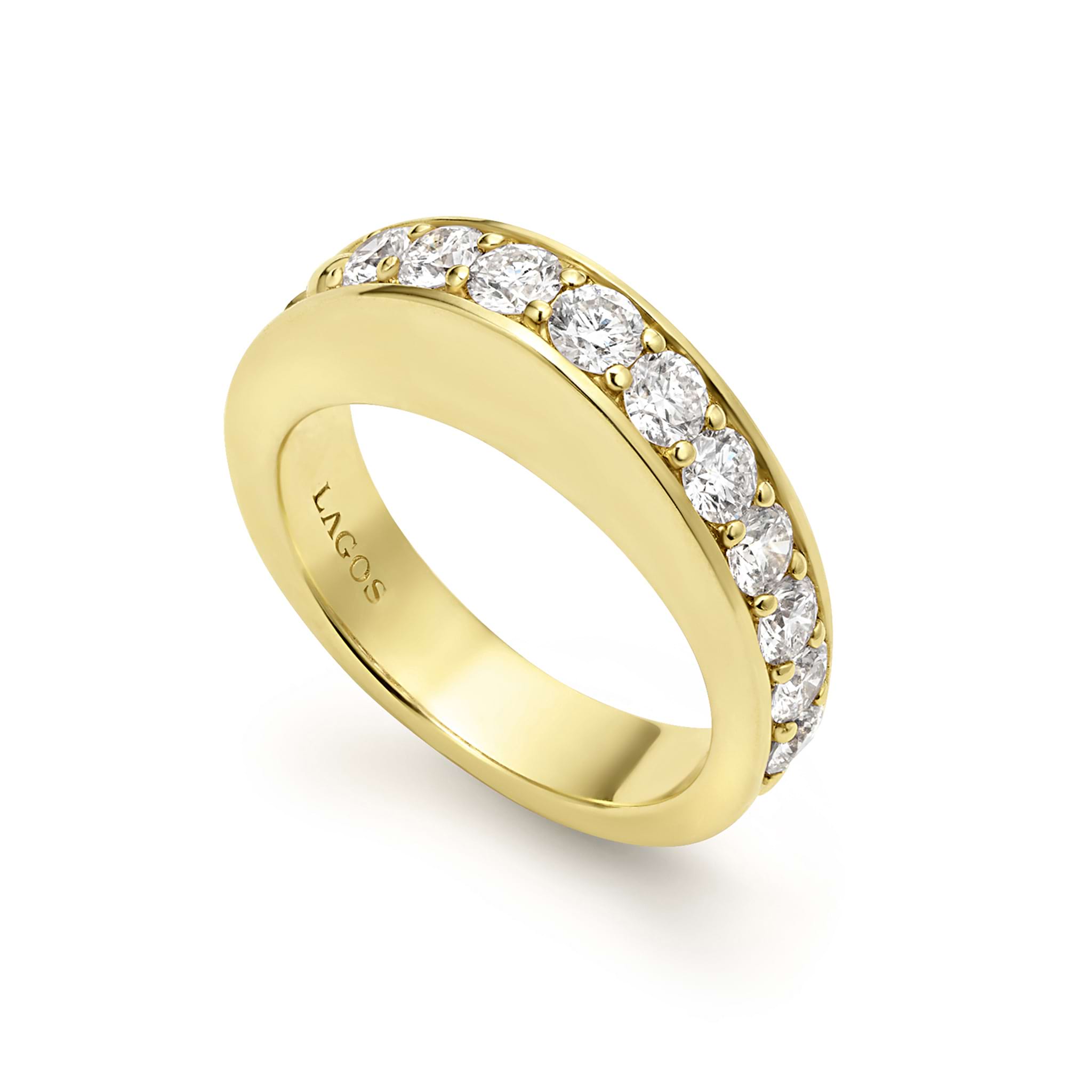 Diamonds surrounded by smooth 18K gold form this statement stacking ring. LAGOS diamonds are the highest quality natural stones.