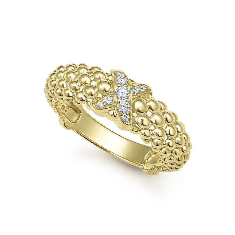 A pavé diamond X-motif is framed by 18K gold Caviar beading on this easy-to-wear ring. LAGOS diamonds are the highest quality natural stones.