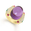 Rich 18k gold, diamonds, amethyst, ruby and emerald gemstones form this detailed statement ring. LAGOS diamonds are the highest quality natural stones.
