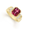 A statement emerald cut pink tourmaline gemstone combined with smooth 18k gold and diamonds form this timeless statement ring. LAGOS diamonds are the highest quality natural stones.