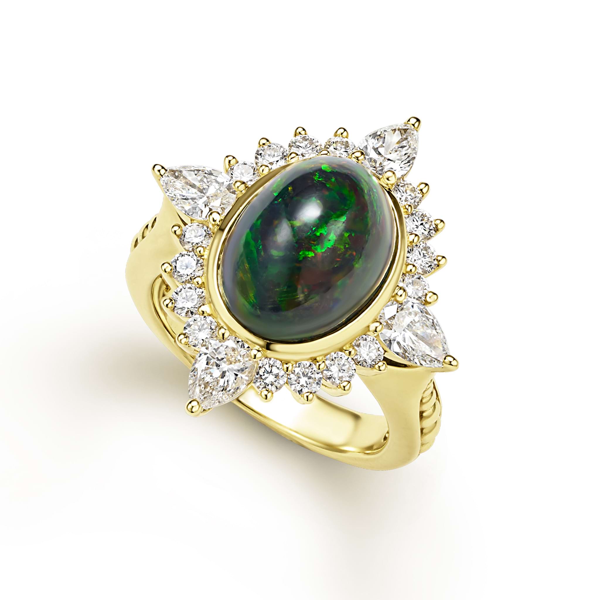 An oval shaped black opal gemstone and round and pear shaped diamonds are set in smooth 18k gold to form this intricate statement ring. LAGOS diamonds are the highest quality natural stones.