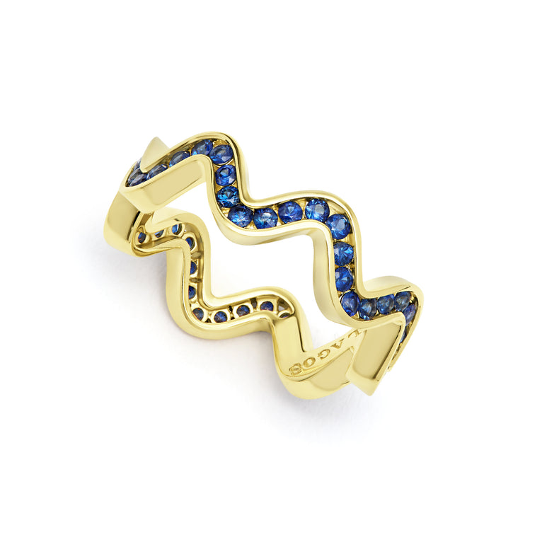 Caviar Gold 18K Gold Blue Sapphire Wave Band Ring
