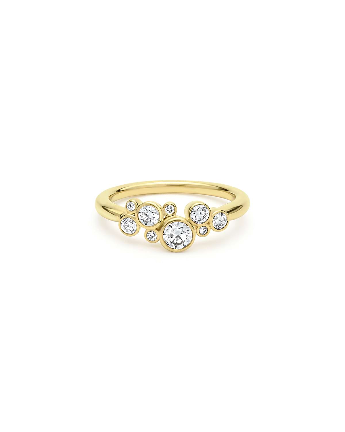 front of nine bezel-cut diamond ring set in 18K gold on a white background