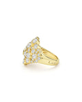 side of cluster diamond set in 18K gold statement ring with LAGOS engraving