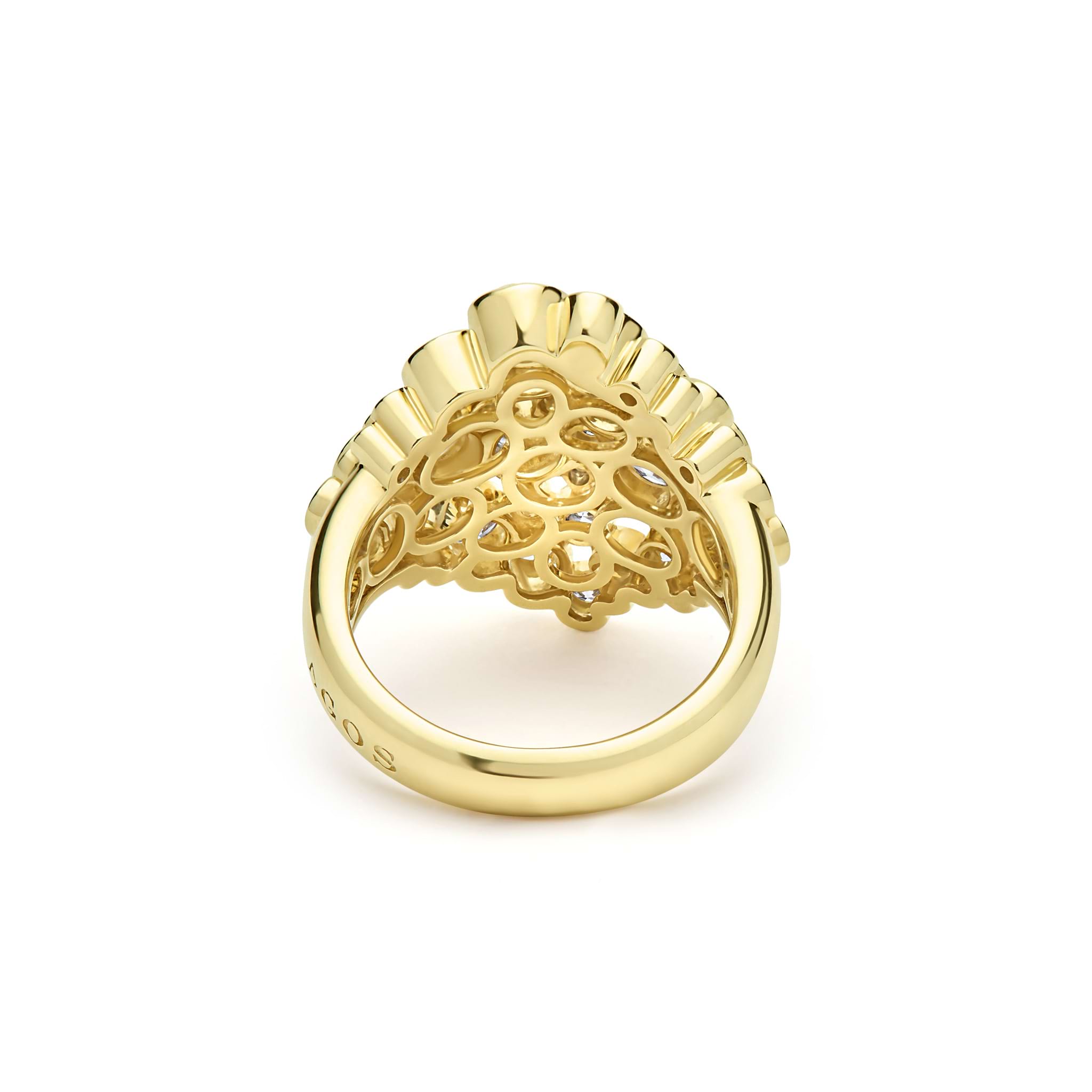 back of cluster diamond set in 18K gold statement ring on white background