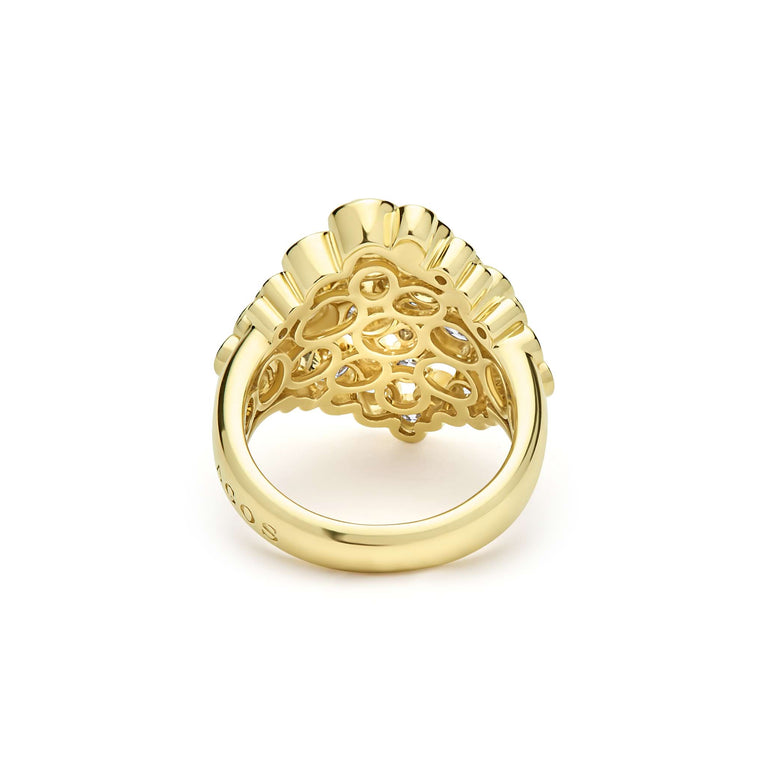 back of cluster diamond set in 18K gold statement ring on white background