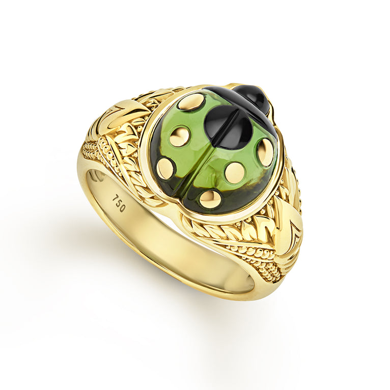 Caviar Gold 18K Gold Peridot Ladybug Ring