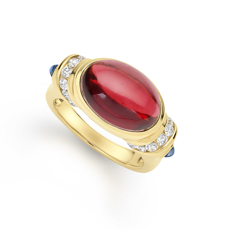Caviar Gold 18K Gold Garnet and Sapphire Diamond Ring