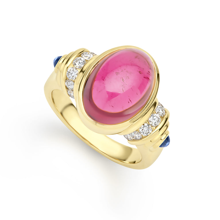 Caviar Gold 18K Gold Oval Rubellite Cabochon & Sapphire Diamond Ring