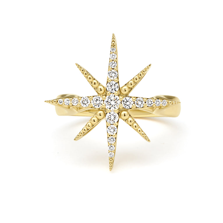 Front view of the 18K Gold Statement Diamond Star Ring 