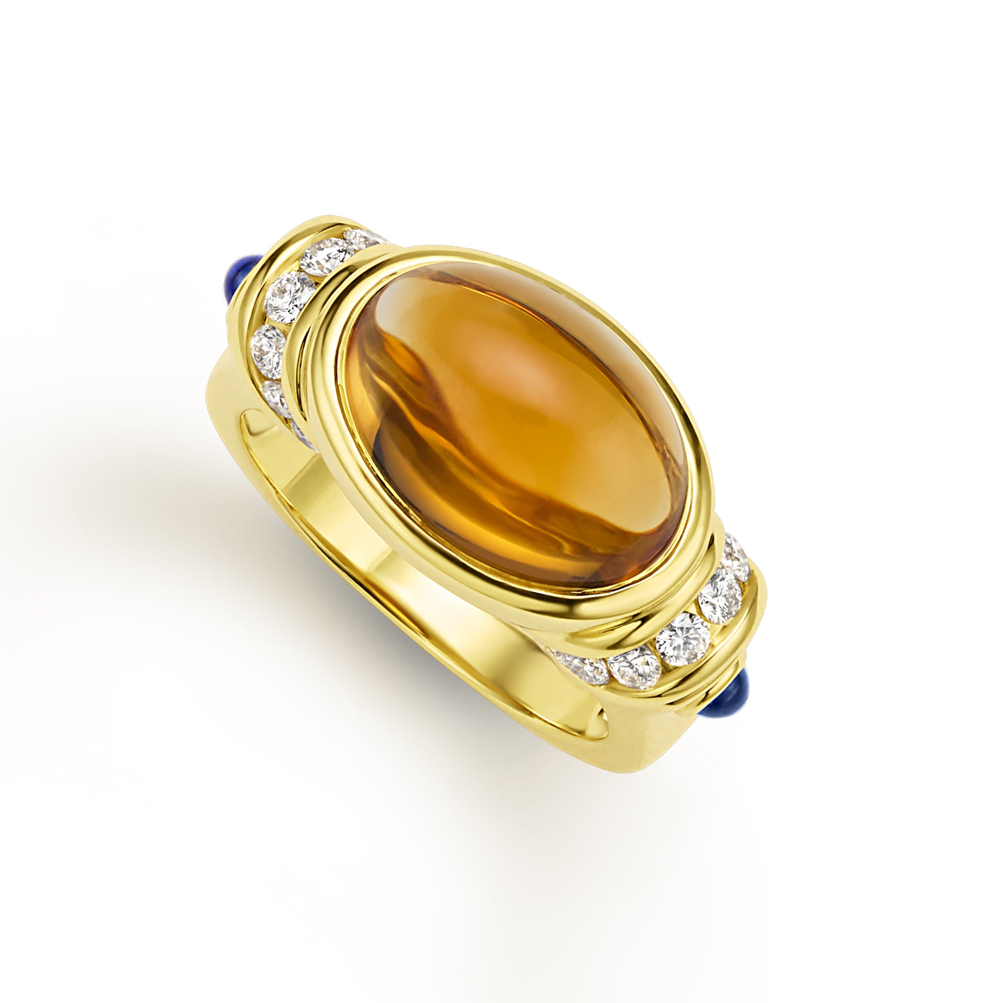 18K Caviar Gold Citrine Diamond and Sapphire Ring