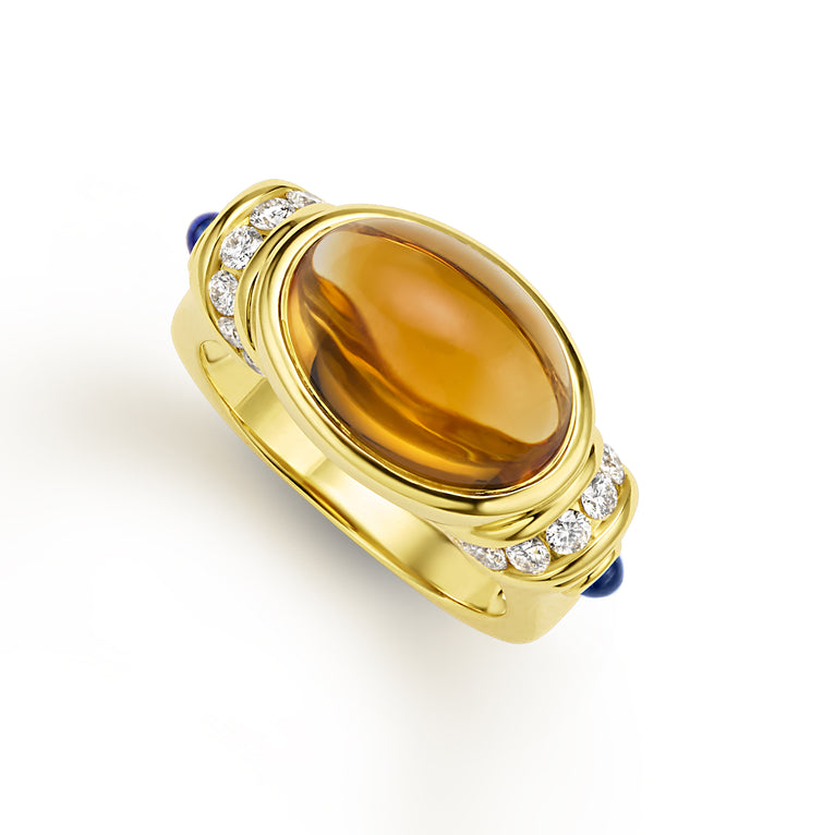 18K Caviar Gold Citrine Diamond and Sapphire Ring