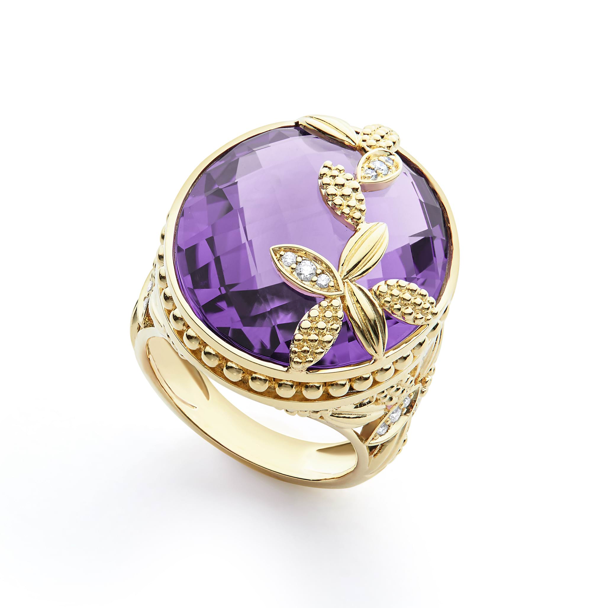 Featuring a magnificant, facete oval-cut amethyst in a deep, royal purple, this ring evokes elegance and sophistication. Delicate gold leaf accents, adorned with sparkling pave diamonds, gracefully wrap around the band all the way up to the amethyst.