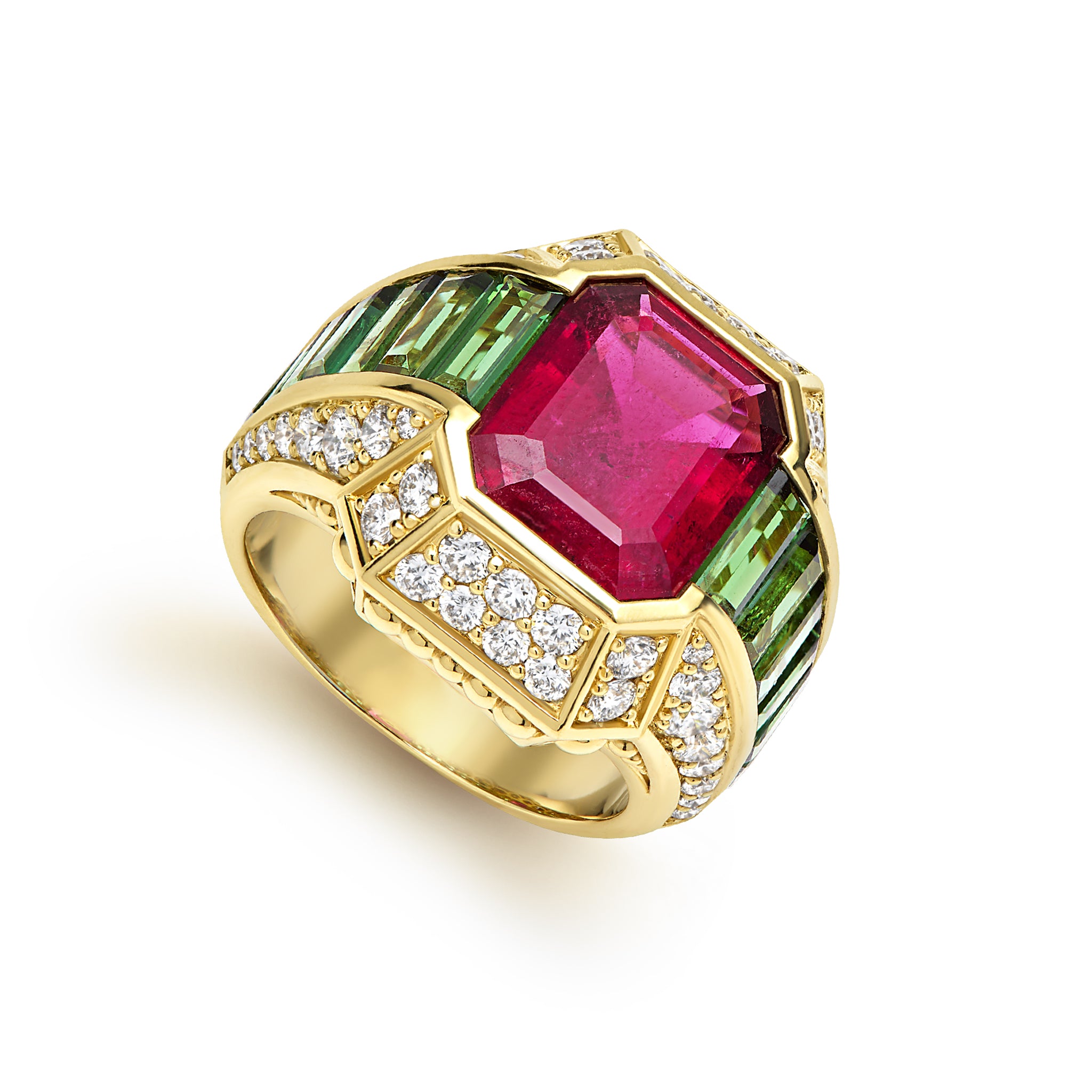 SML 18K Gold Vendôme Rubellite & Green Tourmaline Diamond Ring