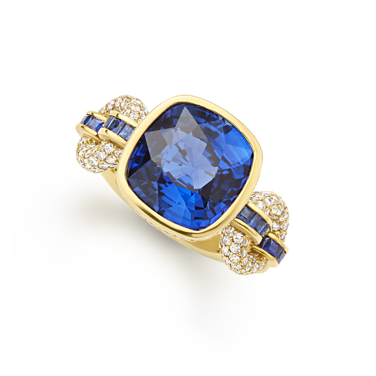 SML 18K Gold Blue Sapphire and Diamond Link Ring