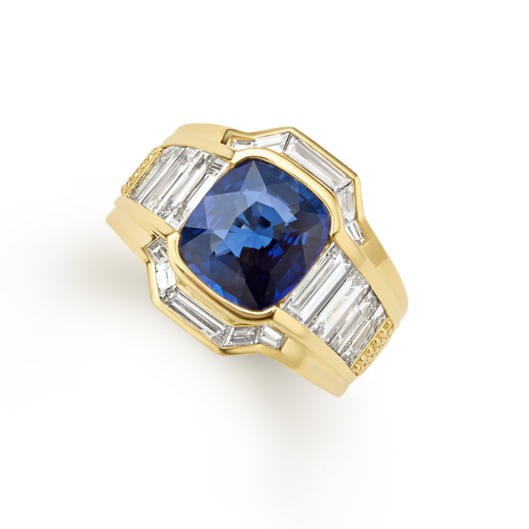 SML 18K Gold Trapezoid Blue Sapphire Diamond Ring