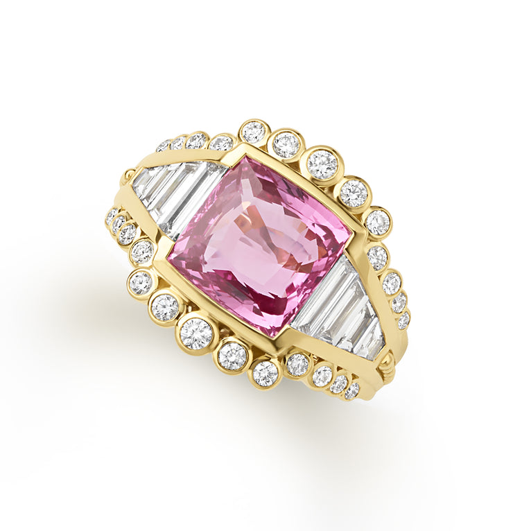SML 18K Gold Square Pink Sapphire Diamond Ring