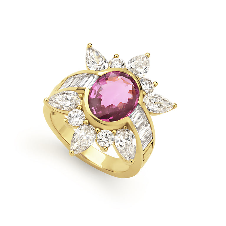 SML 18K Gold Pink Sapphire and Diamond Flower Ring