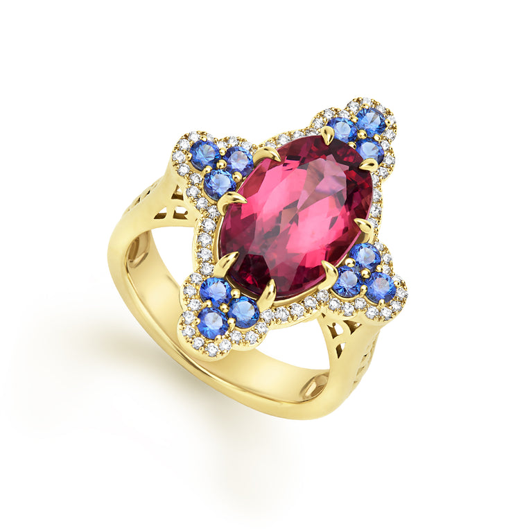 SML 18K Gold Pink Tourmaline and Sapphire Oval Statement Ring