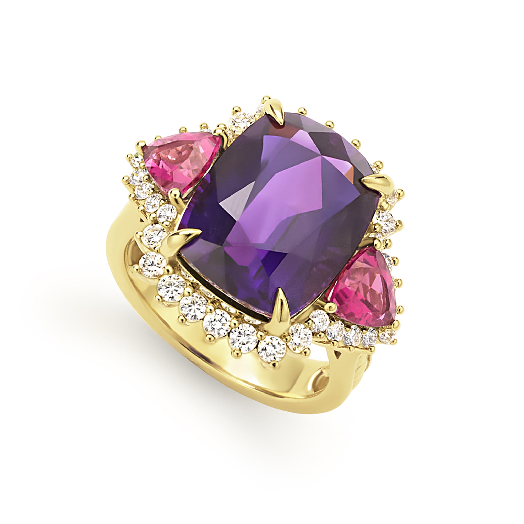 18K Gold Amethyst and Rubellite Statement Ring