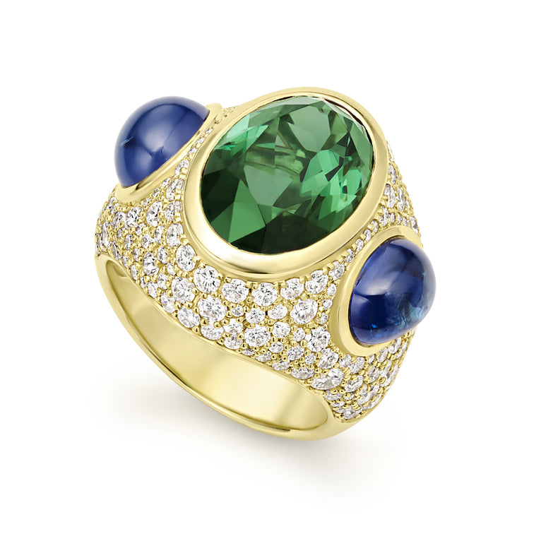 SML 18K Gold Green Tourmaline and Sapphire Statement Ring