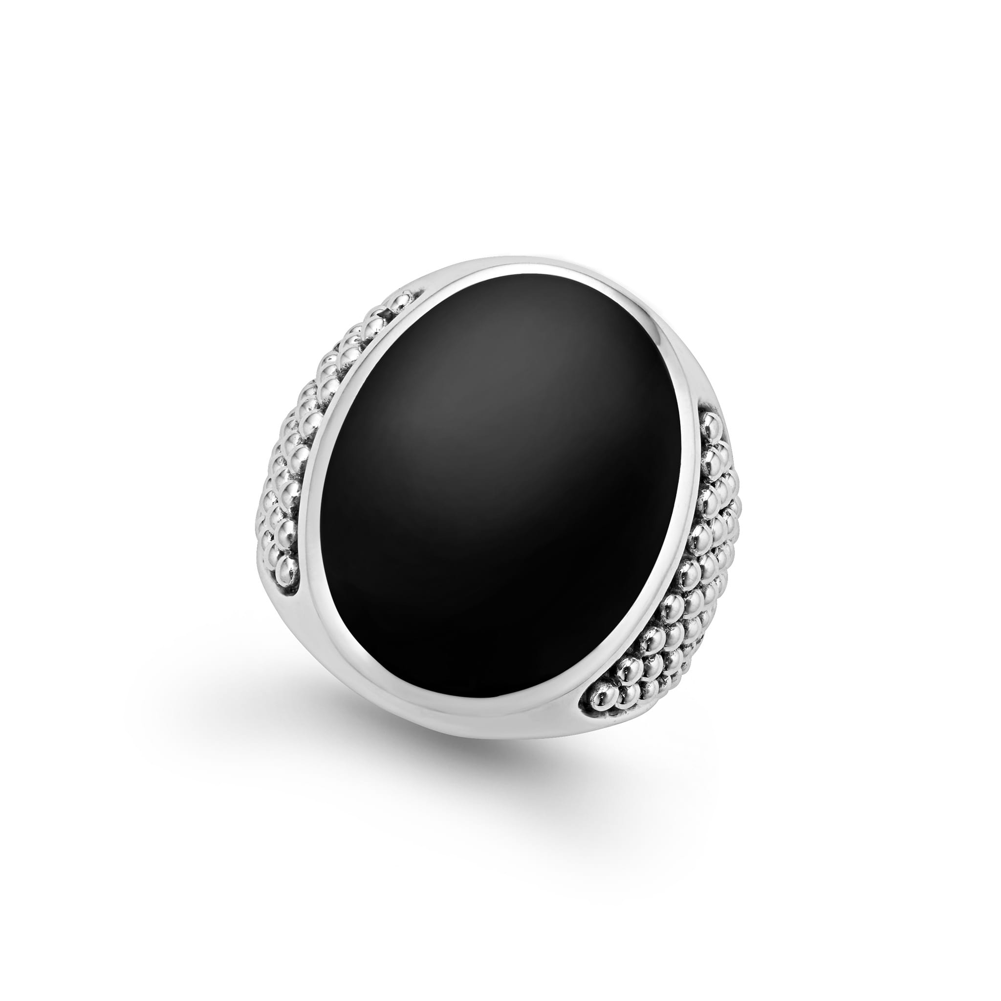 Black agate gemstone and sterling silver Caviar beading form this oval band ring.