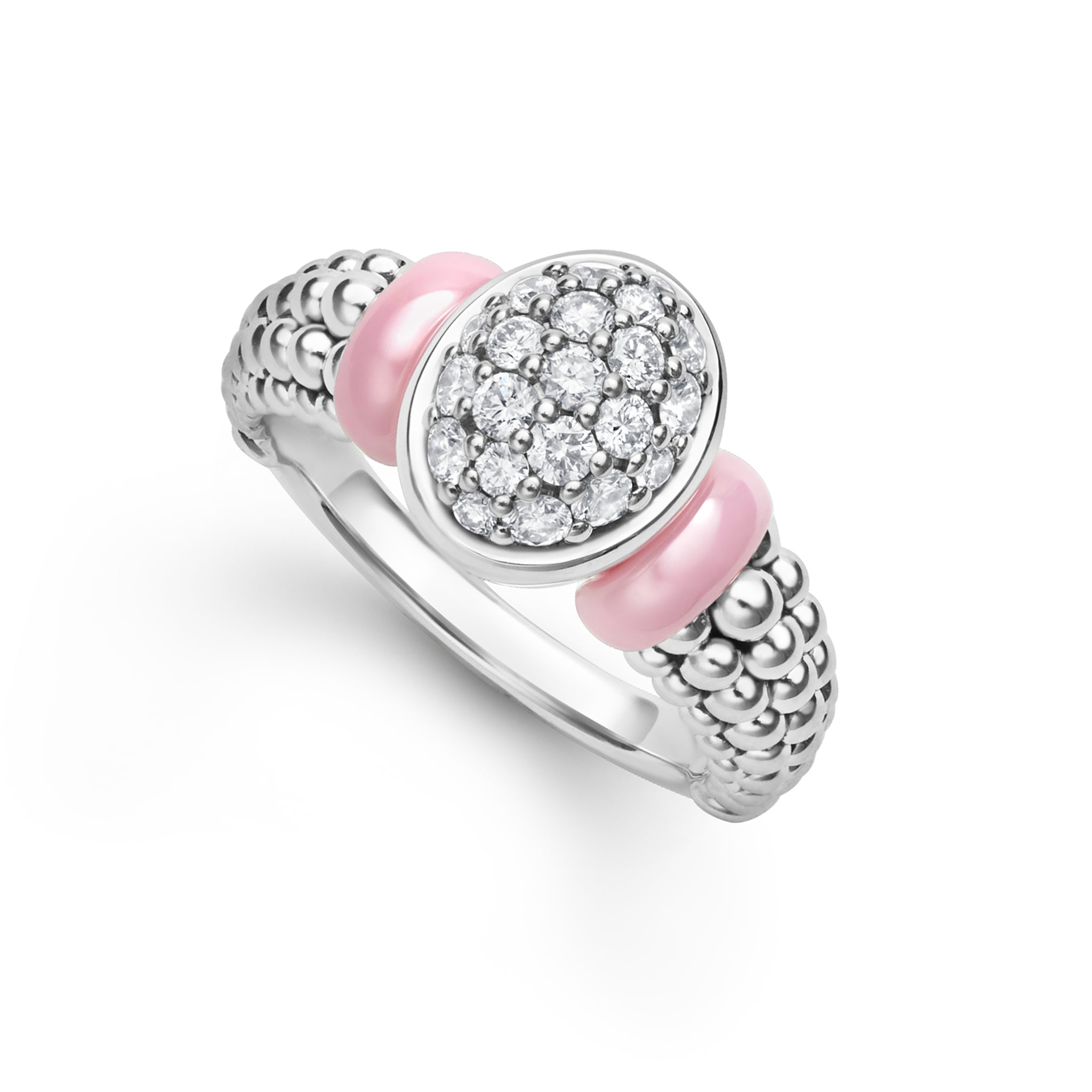 Caviar Color Sterling Silver and Pink Ceramic Oval Diamond Ring
