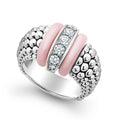 Diamonds set in sterling silver are accented by a pop of pink ceramic and Caviar beading on this ring. LAGOS diamonds are the highest quality natural stones.