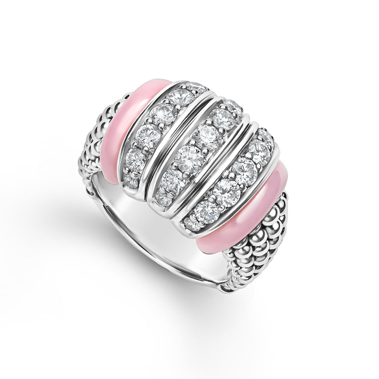 Caviar Color Sterling Silver and Pink Ceramic Large Three Link Diamond Ring