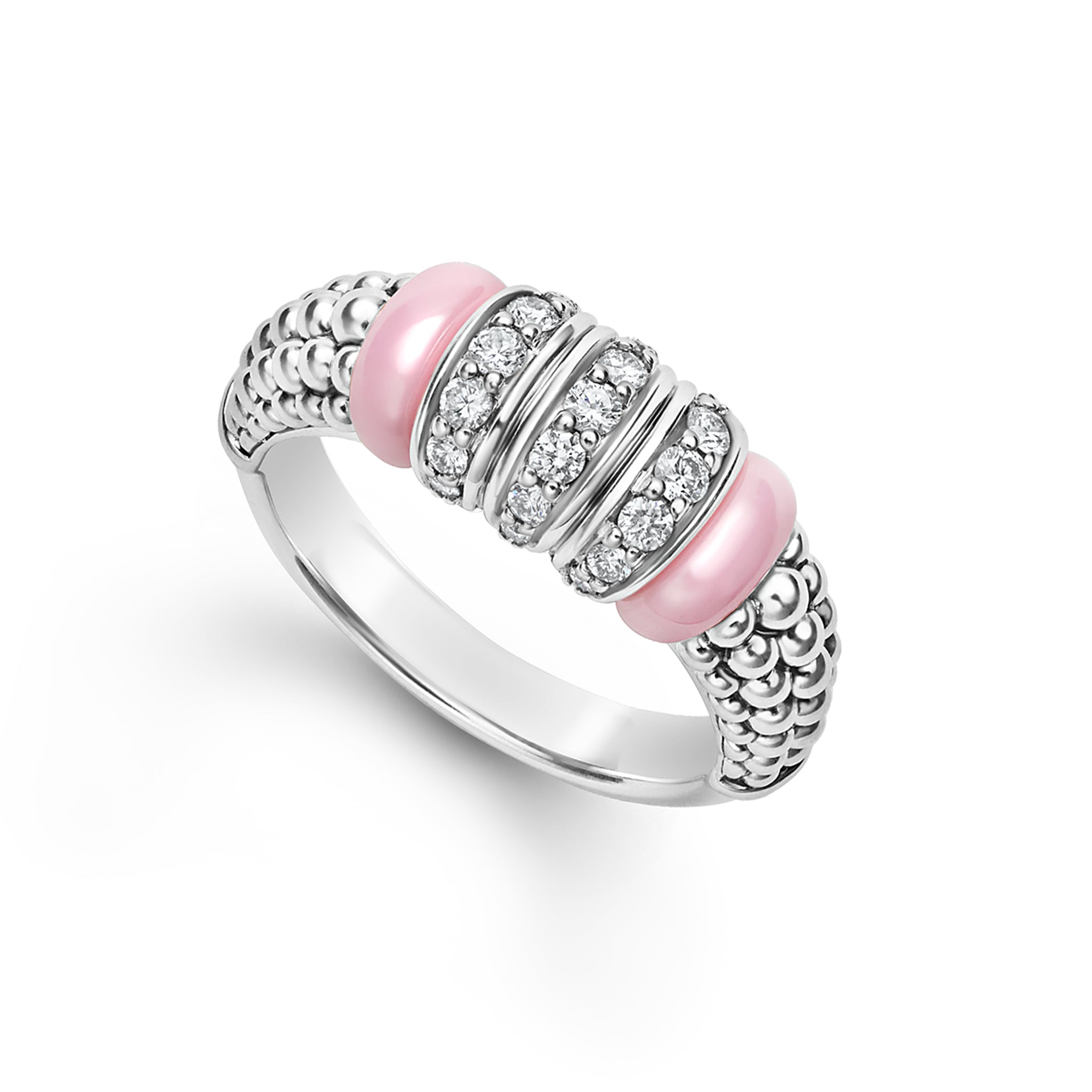 Caviar Color Sterling Silver and Pink Ceramic Small Three Link Diamond Ring