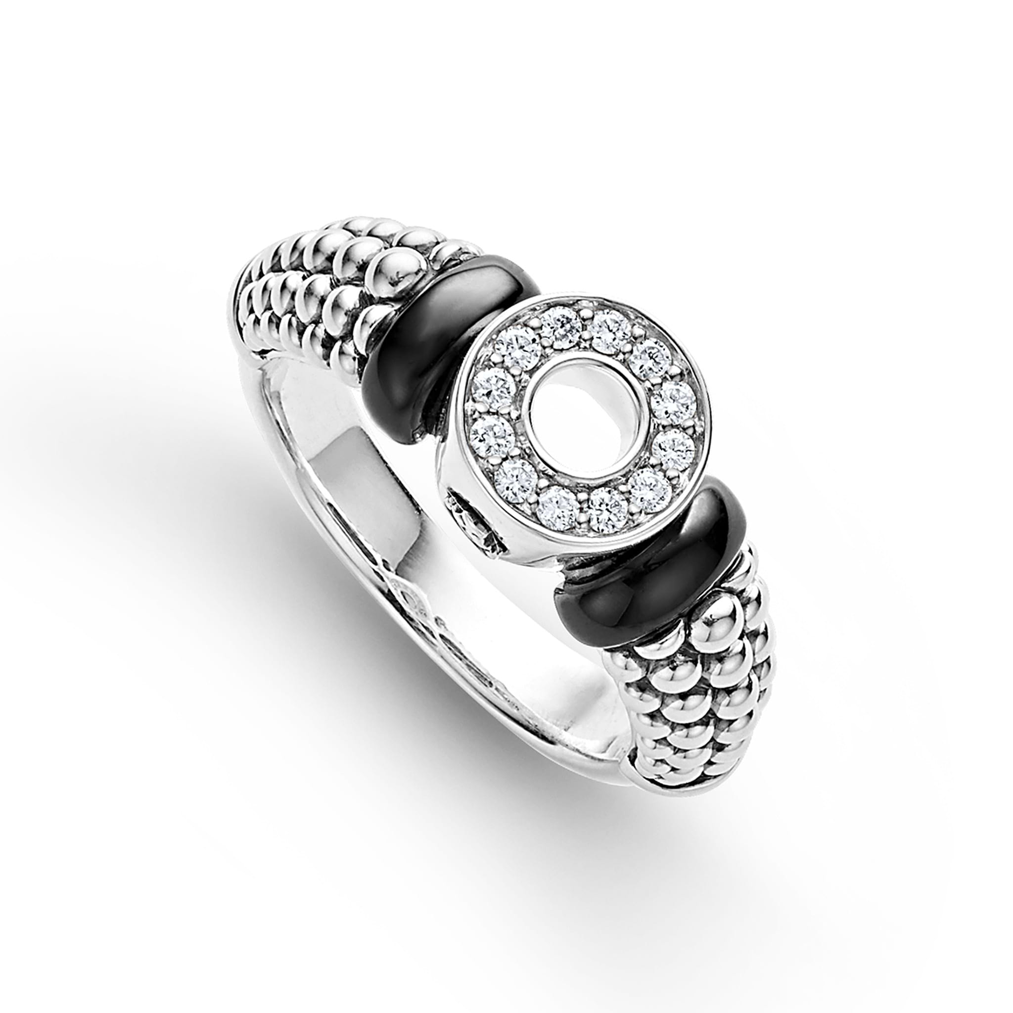 Smooth black ceramic & diamonds in a circle motif with Caviar beading form this timeless ring. LAGOS diamonds are the highest quality natural stones.