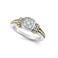 Pave diamonds surrounded by sterling silver and 18k gold Caviar beading form this ring. LAGOS diamonds are the highest quality natural stones.