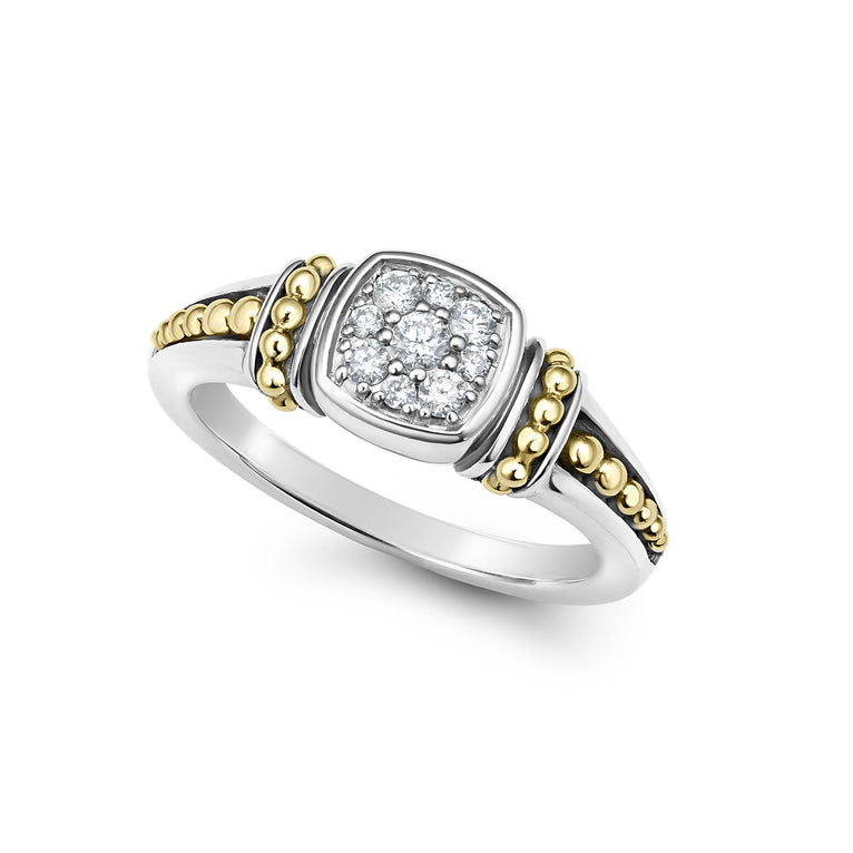 Pave diamonds surrounded by sterling silver and 18k gold Caviar beading form this ring. LAGOS diamonds are the highest quality natural stones.