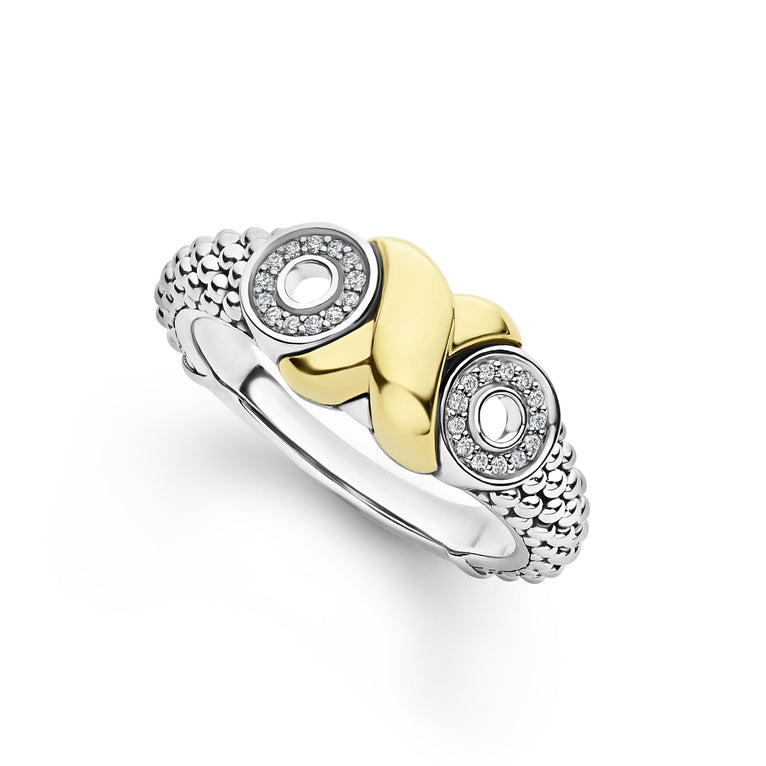 Two diamond circles sit on each side of a soft yet bold brushstroke of 18K gold, highlighted by surrounding Caviar beading. LAGOS diamonds are the highest quality natural stones.