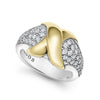 An 18K gold X-motif surrounded by diamonds forms this statement ring. LAGOS diamonds are the highest quality natural stones.