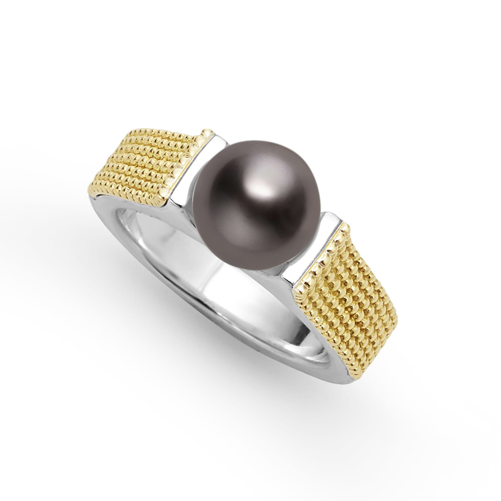 18K gold Caviar beading and sterling silver form this Tahitian black pearl ring.