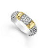 Pavé diamonds, 18K gold, and sterling silver Caviar beading form this unique band ring. LAGOS diamonds are the highest quality natural stones.