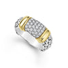 Pavé diamonds, 18K gold, and sterling silver Caviar beading form this unique band ring. LAGOS diamonds are the highest quality natural stones.