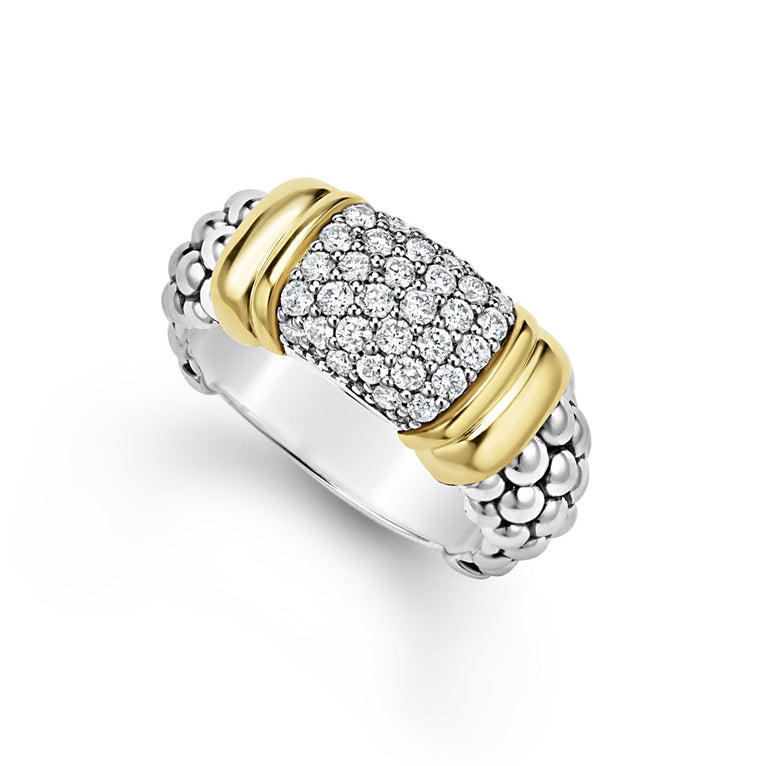 Pavé diamonds, 18K gold, and sterling silver Caviar beading form this unique band ring. LAGOS diamonds are the highest quality natural stones.