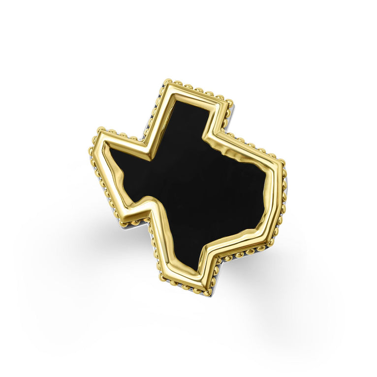 Intricately crafted black agate gemstone and 18K gold in a Texas motif shape surrounded by sterling silver forms this statement ring. Perfect for a bold look.