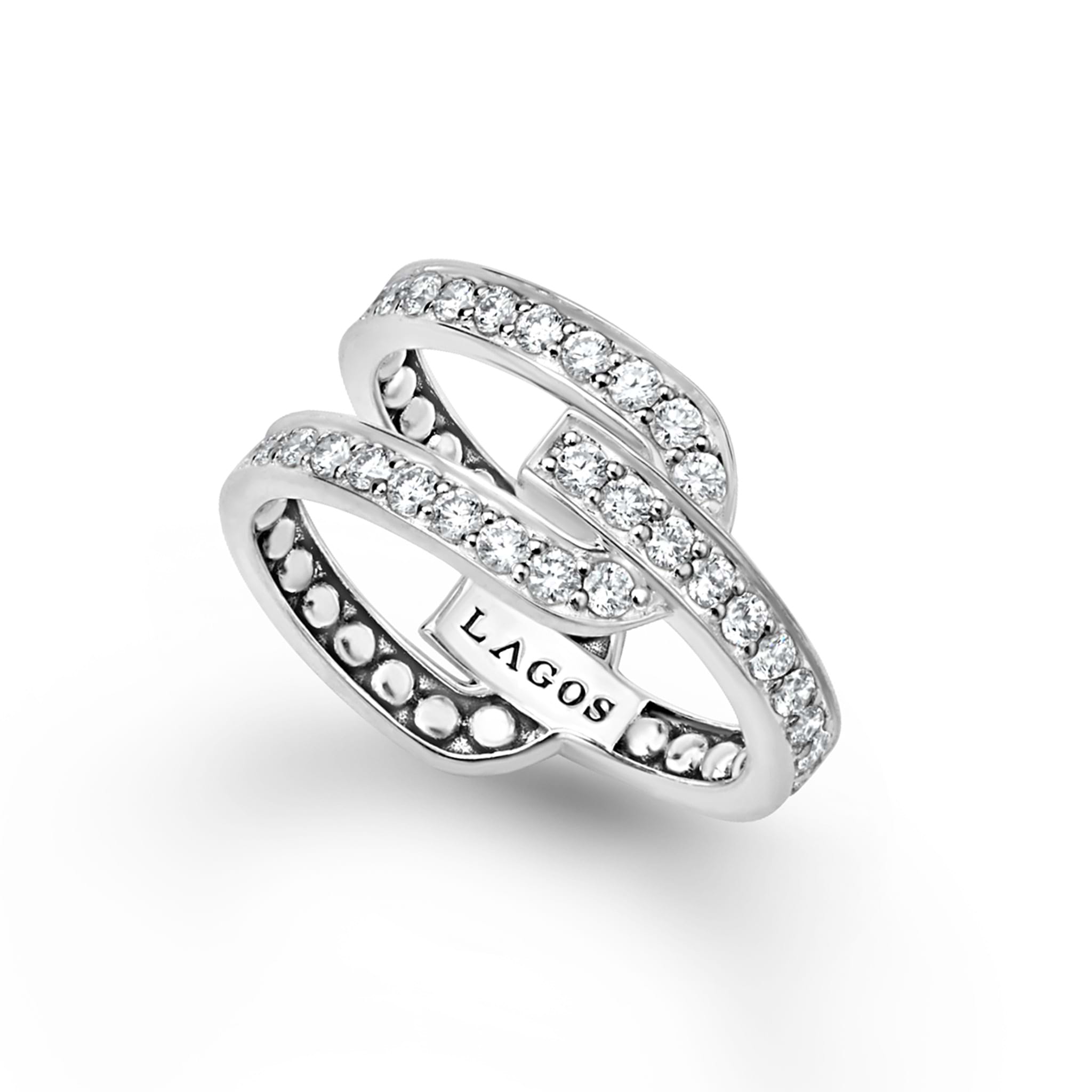 LAGOS Caviar Spark Silver Caviar Linear Diamond Ring features multi-band design with pavé-set diamonds, showcasing minimalist elegance and refined texture.