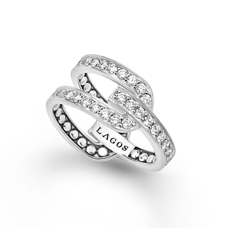 LAGOS Caviar Spark Silver Caviar Linear Diamond Ring features multi-band design with pavé-set diamonds, showcasing minimalist elegance and refined texture.