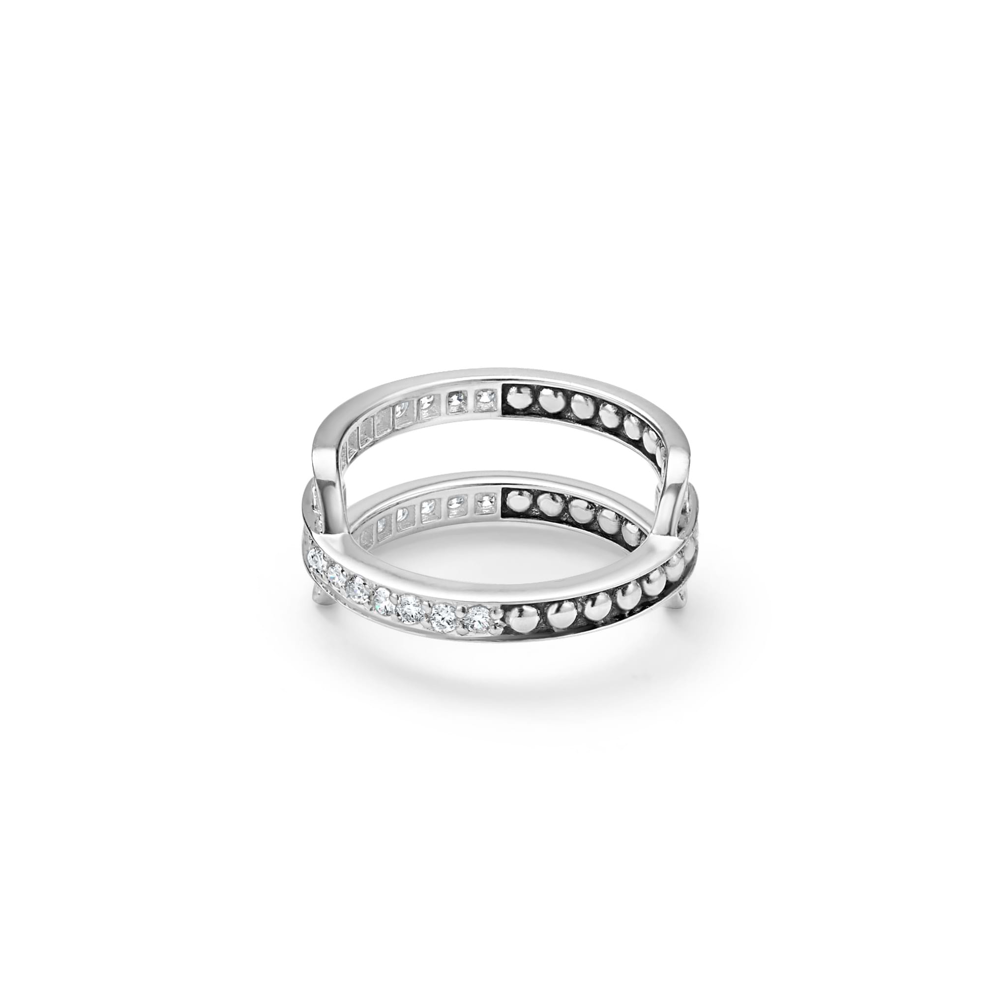 Caviar Spark Silver Caviar Linear Diamond Ring features dual bands with sparkling stones, connected by vertical bars, offering modern elegance and versatile style.
