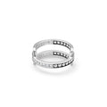 Caviar Spark Silver Caviar Linear Diamond Ring features dual bands with sparkling stones, connected by vertical bars, offering modern elegance and versatile style.