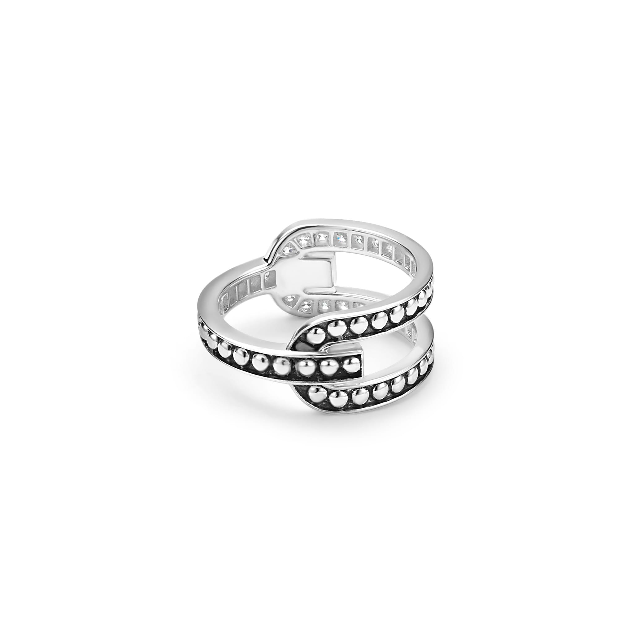 Caviar Spark Silver Caviar Linear Diamond Ring with a bypass design, featuring square-cut stones and polished bead-like accents on sterling silver for modern elegance.