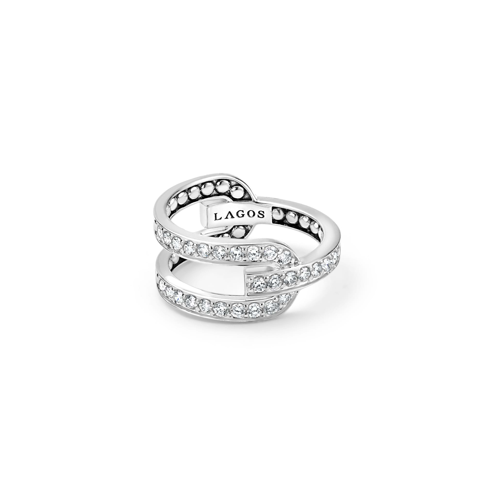 Caviar Spark Silver Caviar Linear Diamond Ring with overlapping sterling silver bands, set with pavé diamonds, showcasing LAGOS elegance and craftsmanship.